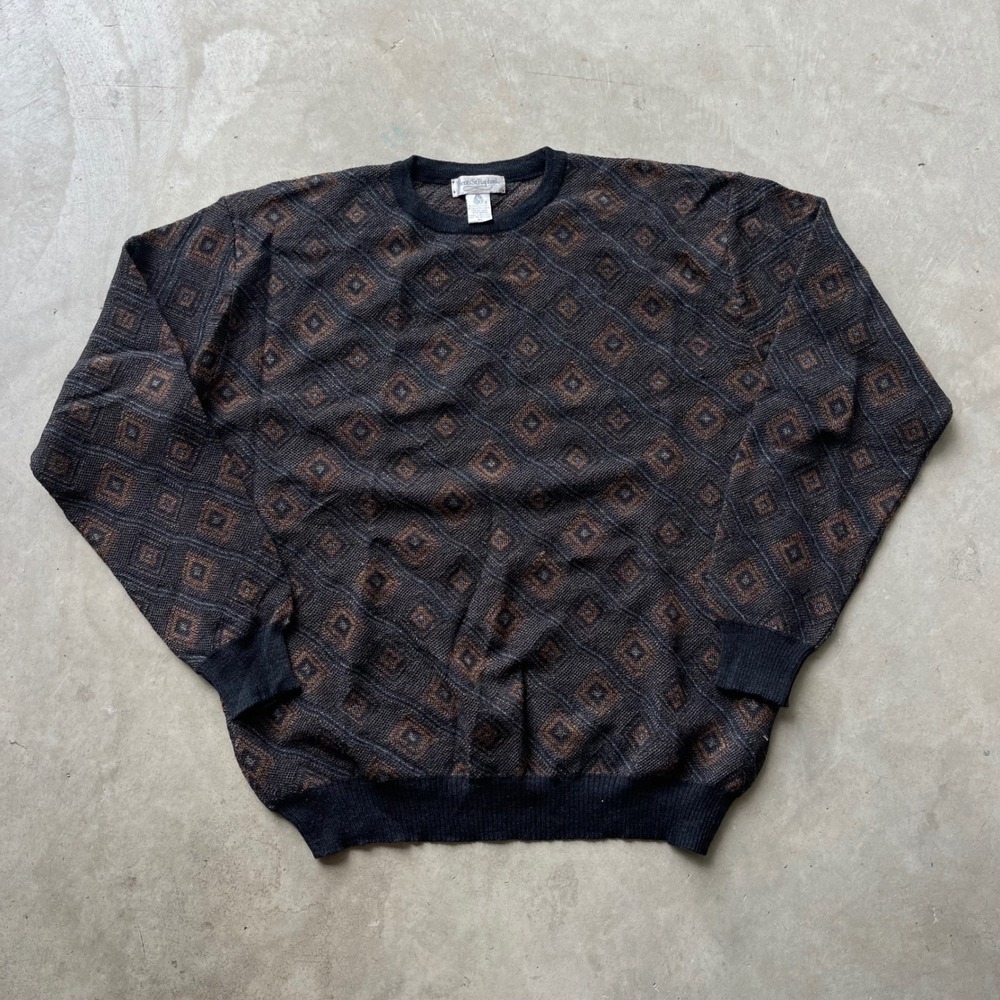 Tricots St Raphael Mens XL Merino Wool Geometric Diamond Knit Sweater Brown Gray